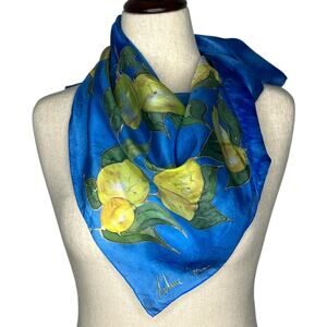 Helene Moreau Scarf Hand Painted Silk 28x29 Blue Signed French Artist Lemons